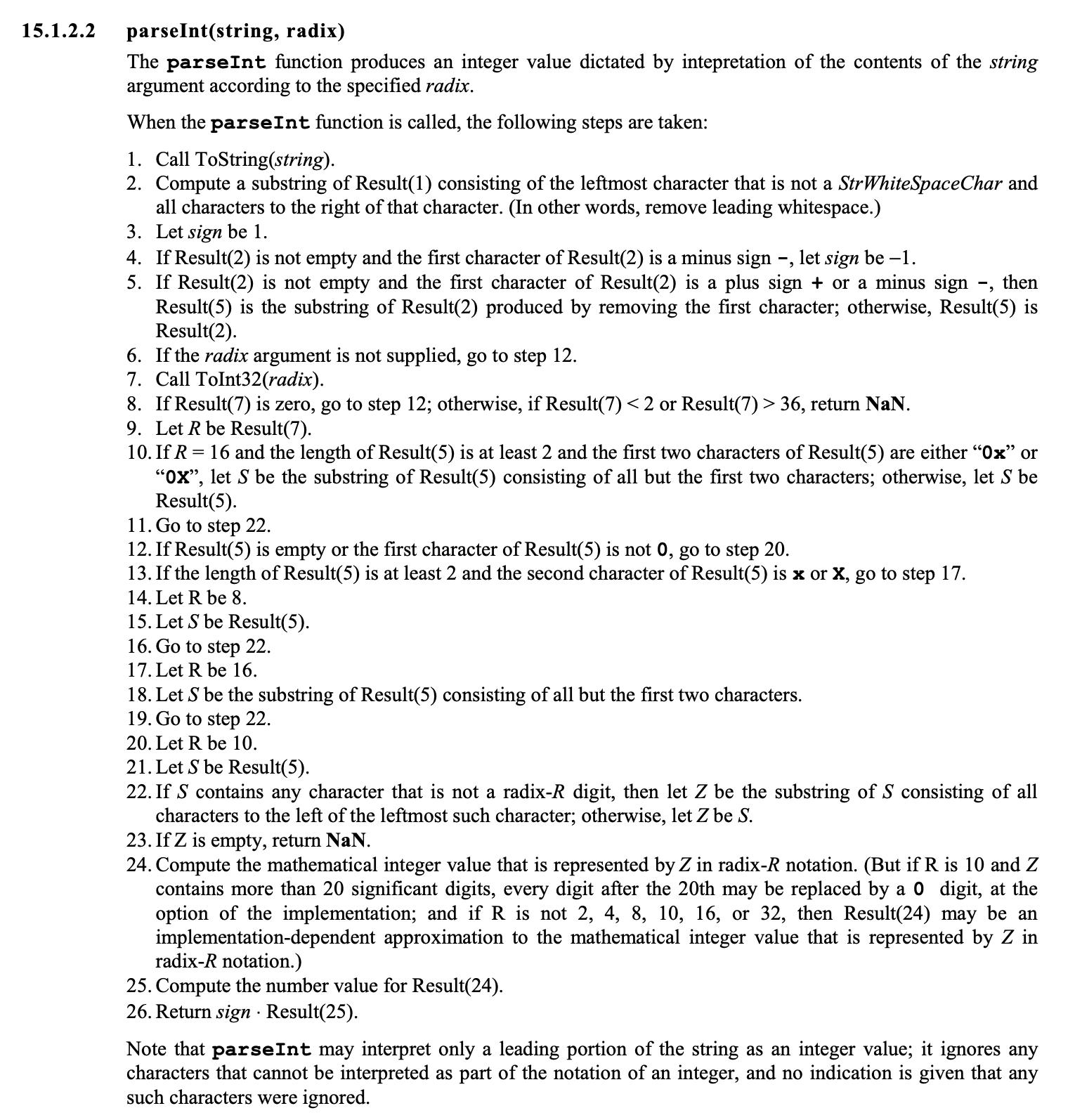 The ES1 spec text for parseInt.